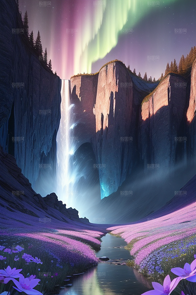 神奇景观蓝野花瀑布星极光
