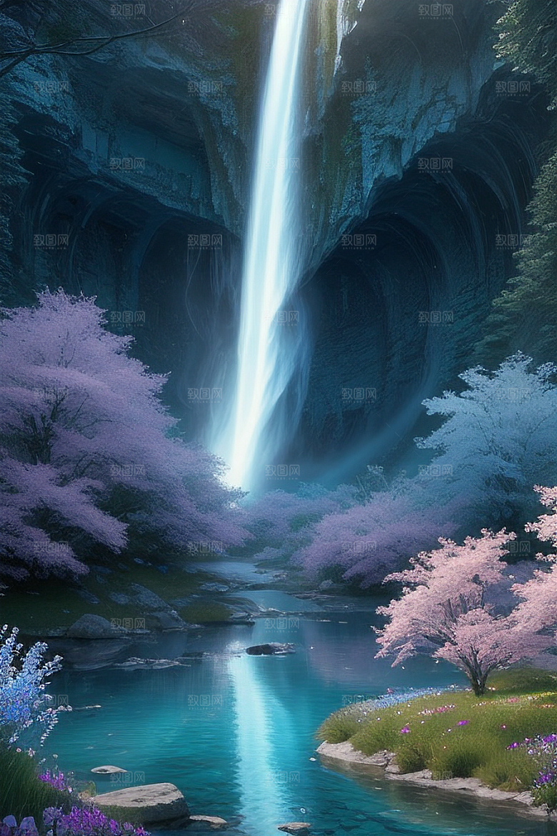 神奇景观蓝野花瀑布星极光