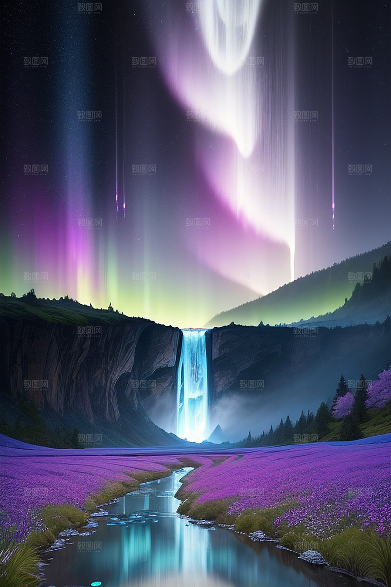 神奇景观蓝野花瀑布星极光
