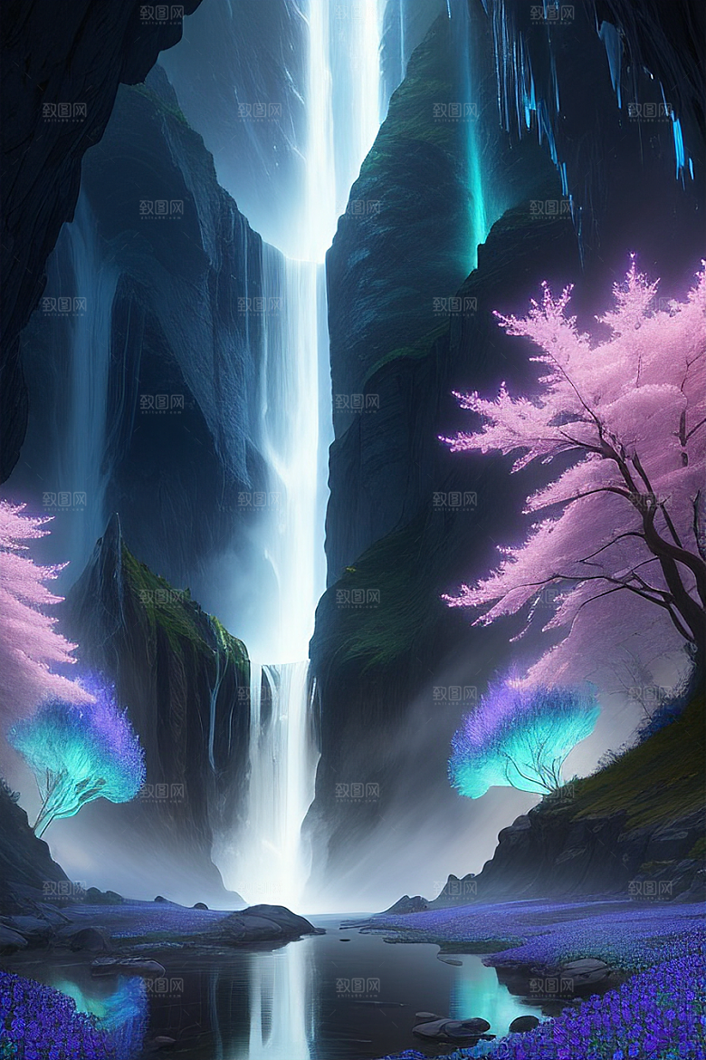 神奇景观蓝野花瀑布星极光