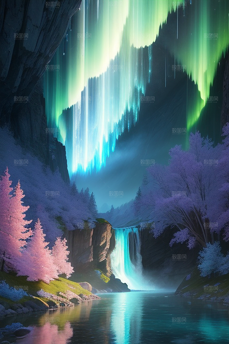 神奇景观蓝野花瀑布星极光