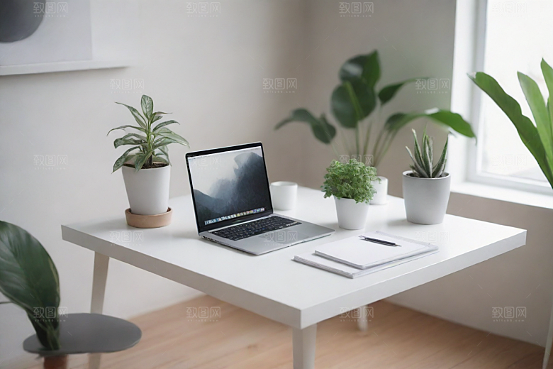 白色灰色桌子笔记本和植物在现代房屋