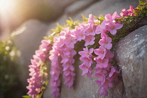 春日鲜花覆盖的石头十字架