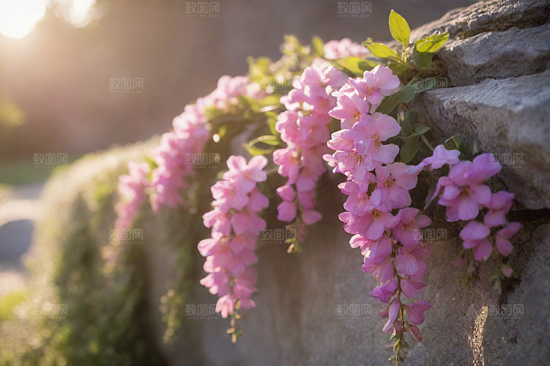 春天的花朵点缀石头十字架