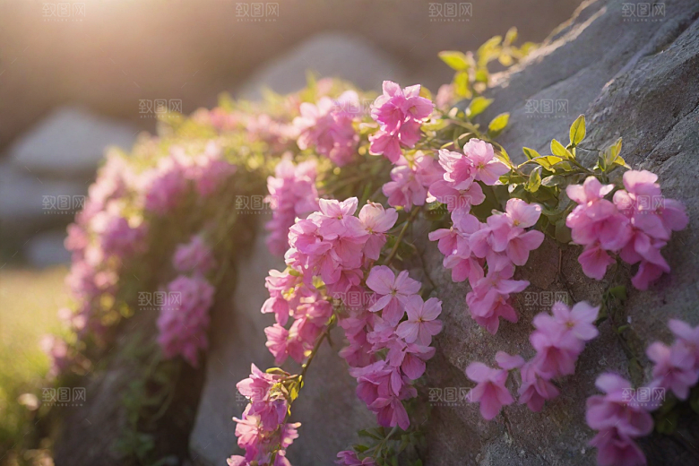 春天的花朵点缀石头十字架