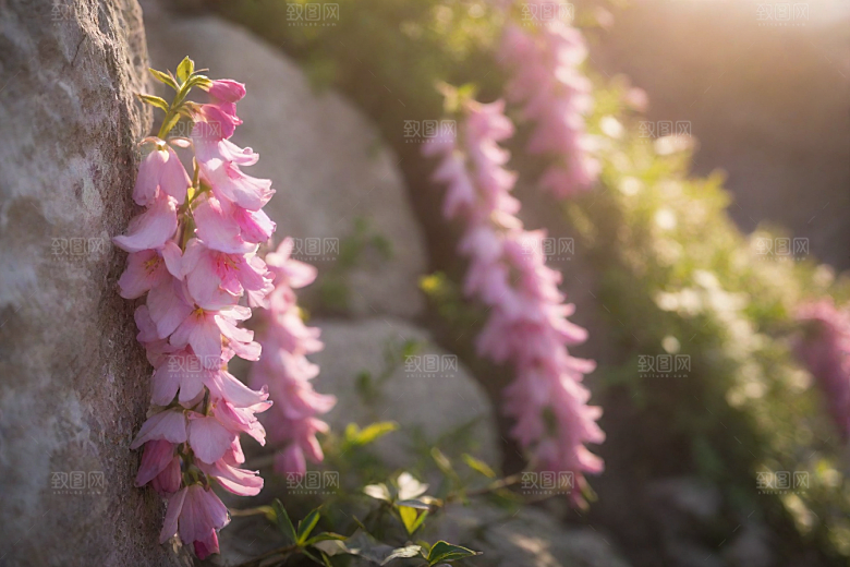 阳光透过鲜花温暖石头十字架