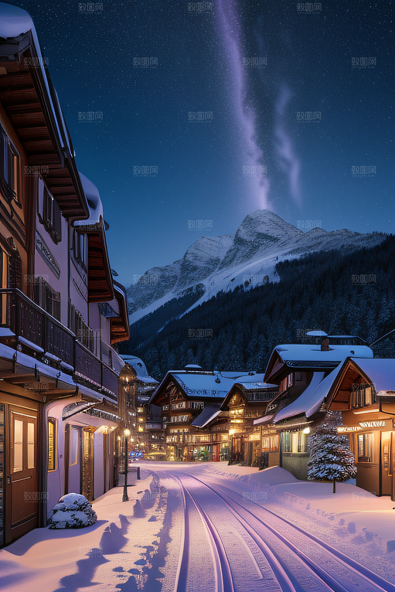 紫光瑞士夜晚的细雪与闪烁星空