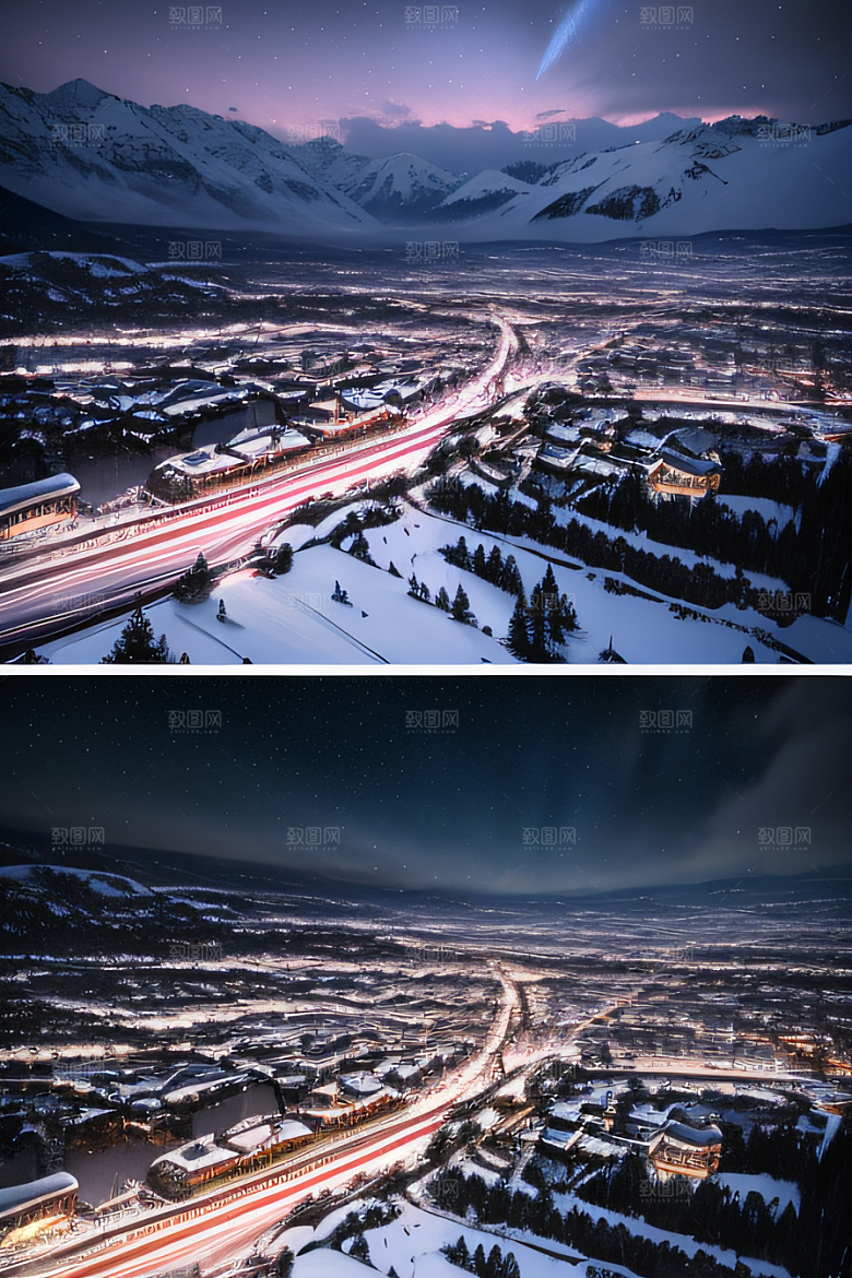 雪夜奇幻精细雪景下的紫光璀璨