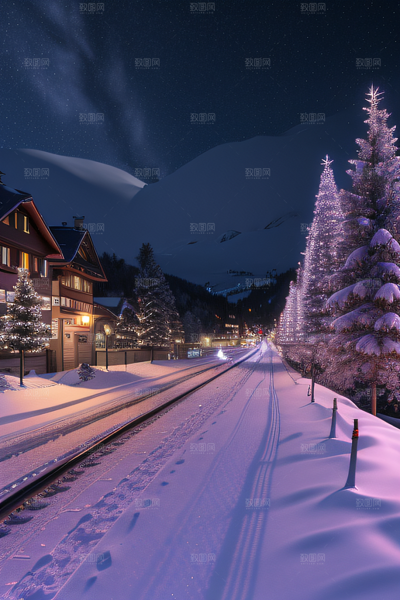 雪夜奇幻精细雪景下的紫光璀璨