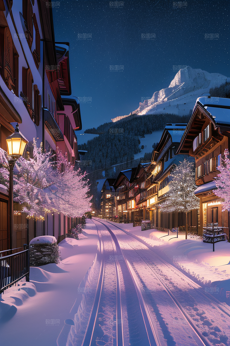 雪夜奇幻精细雪景下的紫光璀璨