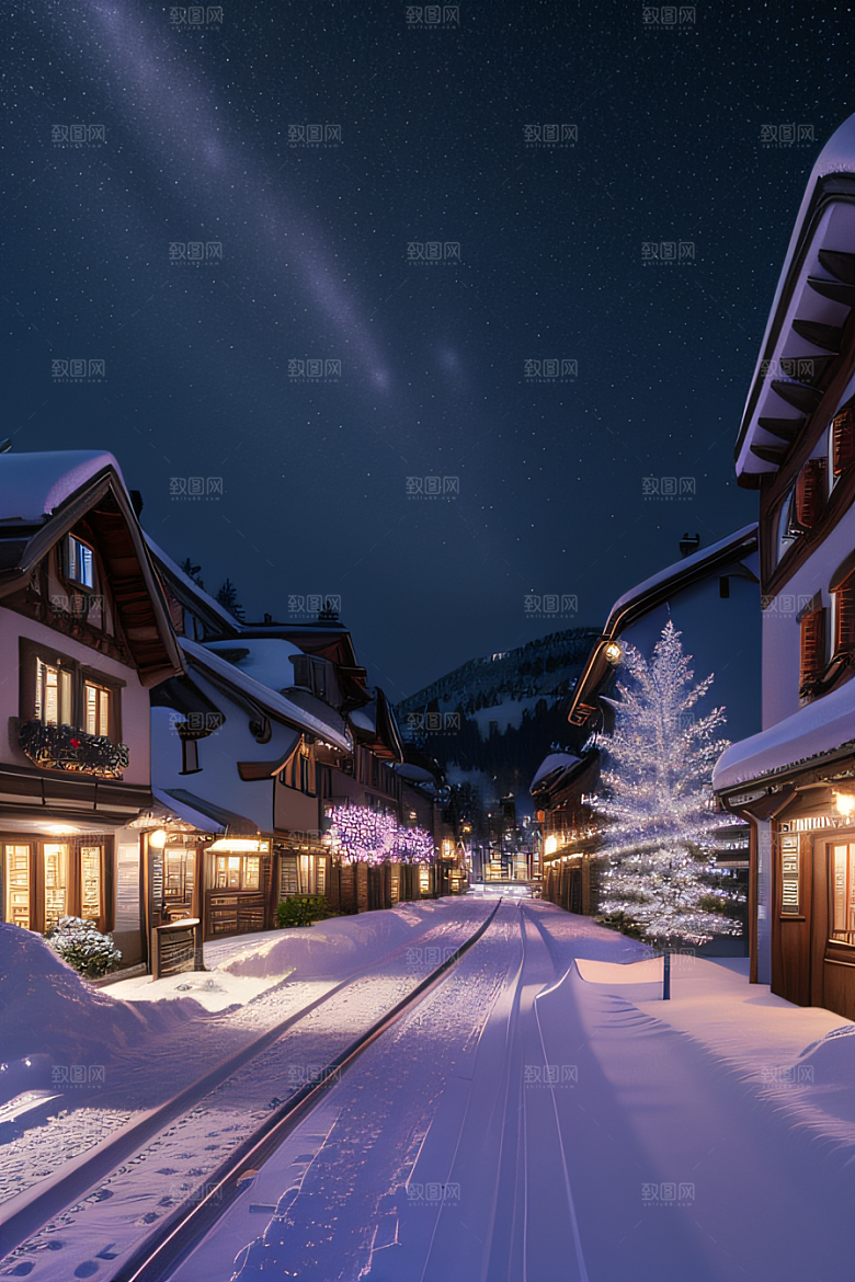 雪夜奇幻精细雪景下的紫光璀璨