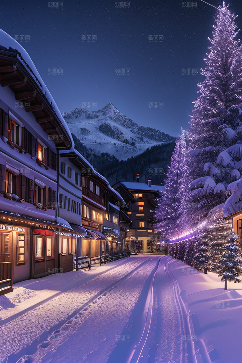 雪夜奇幻精细雪景下的紫光璀璨