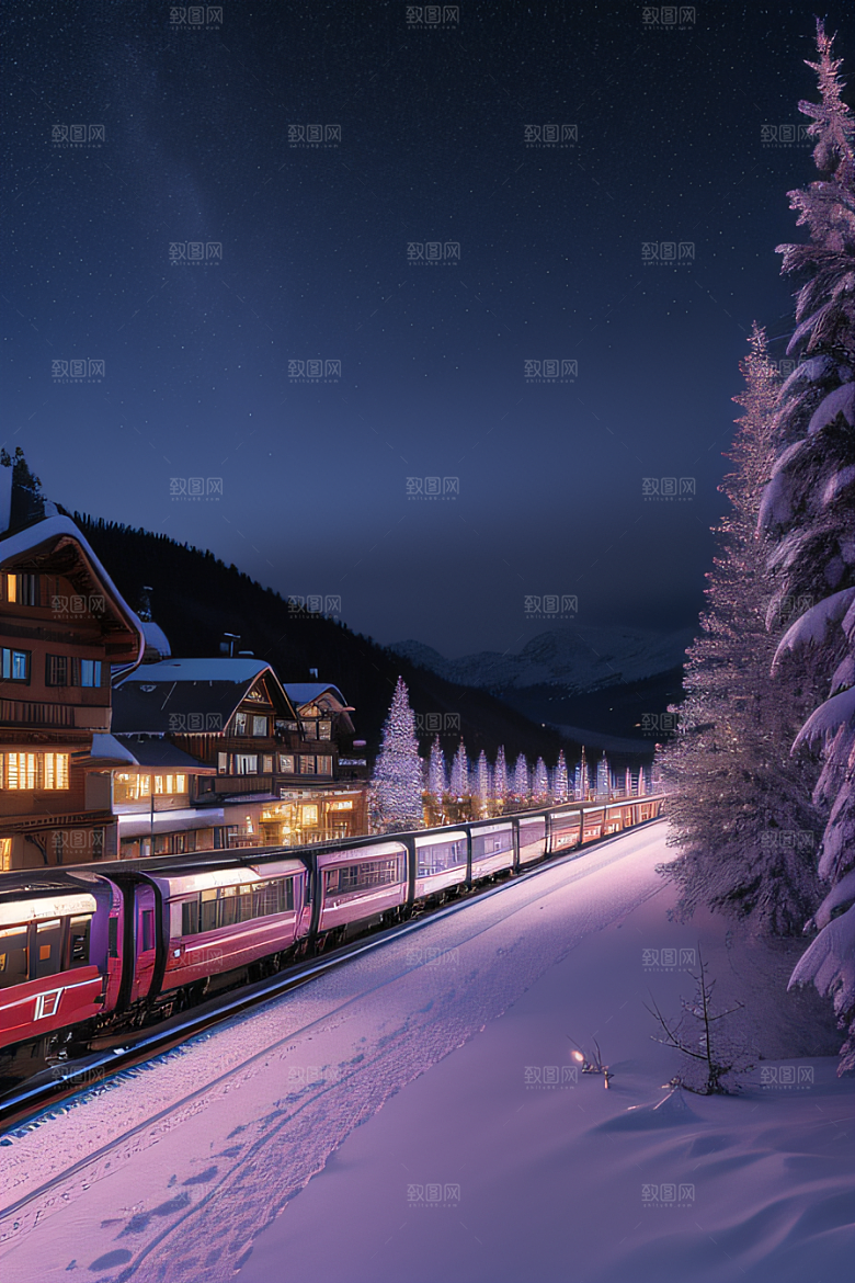 CG奇观紫光穿梭列车下的夜雪景色