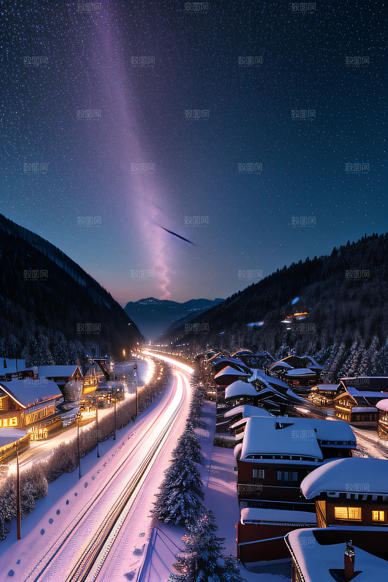 雪景细腻夜晚紫光照耀下的逼真效果