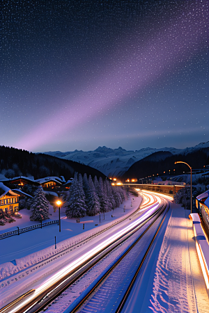 雪景细腻夜晚紫光照耀下的逼真效果