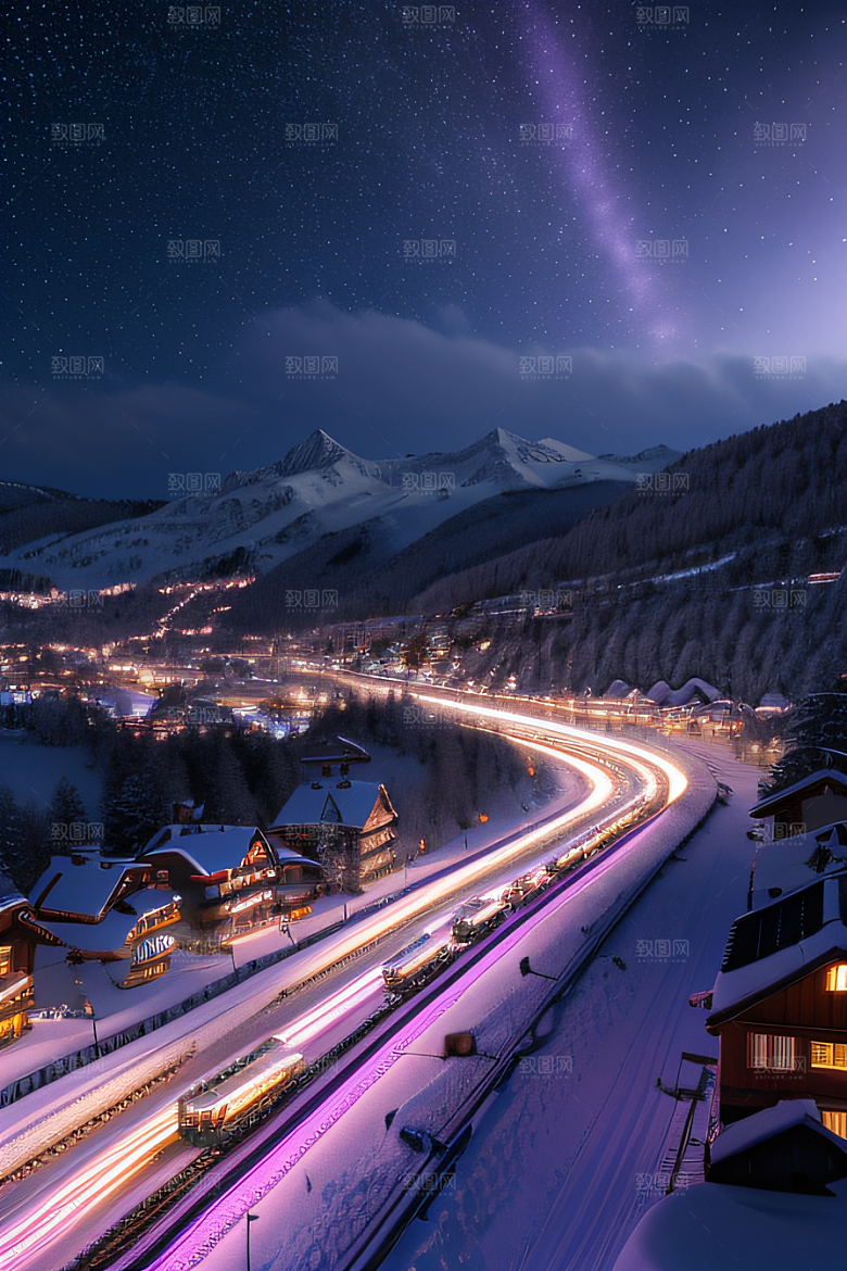雪景细腻夜晚紫光照耀下的逼真效果
