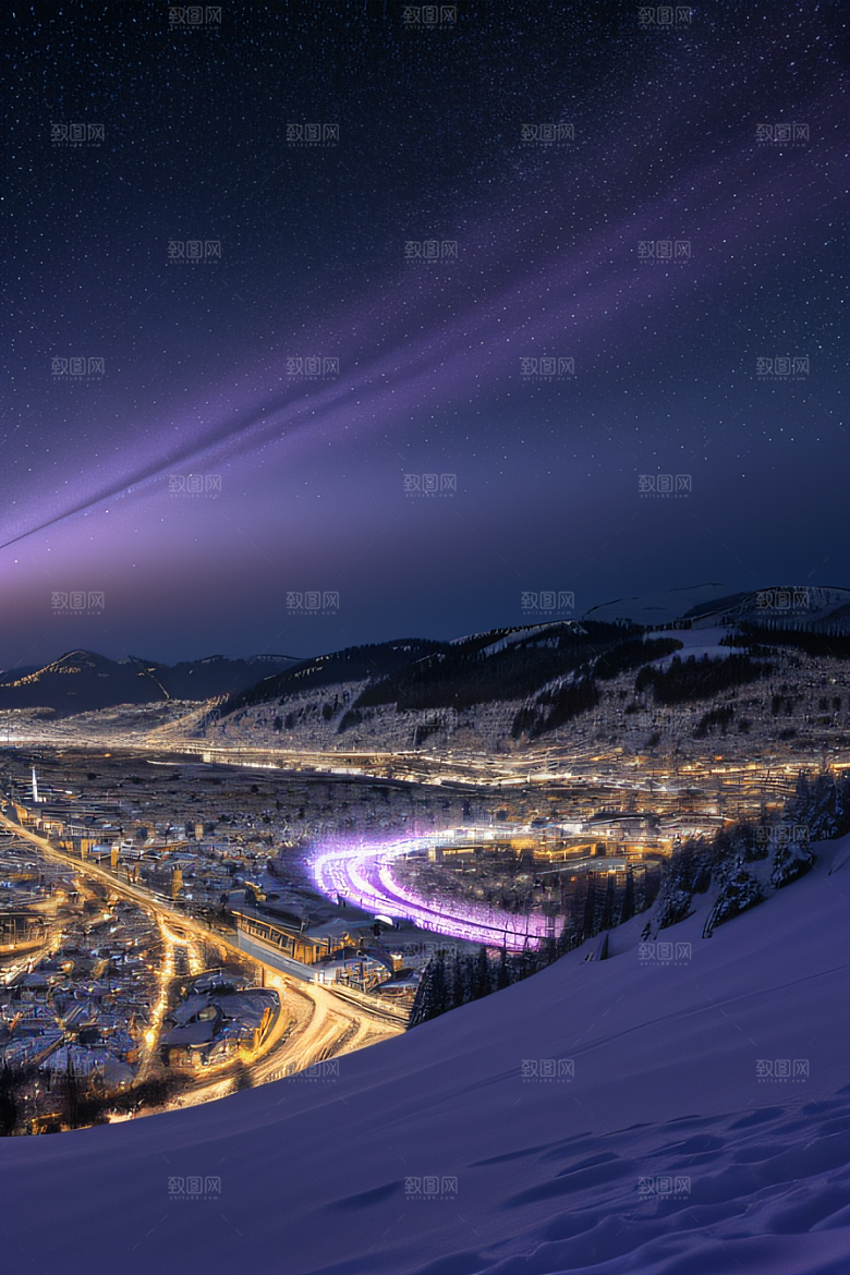 雪景细腻夜晚紫光照耀下的逼真效果