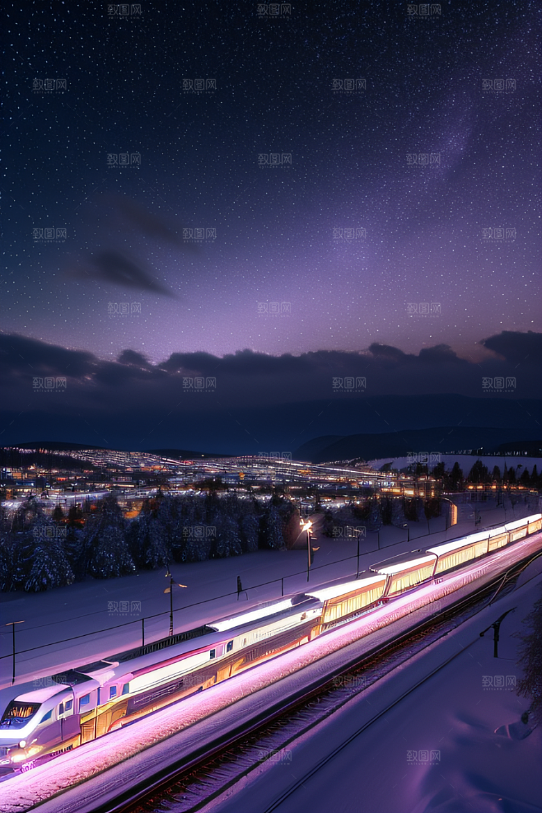 雪景细腻夜晚紫光照耀下的逼真效果