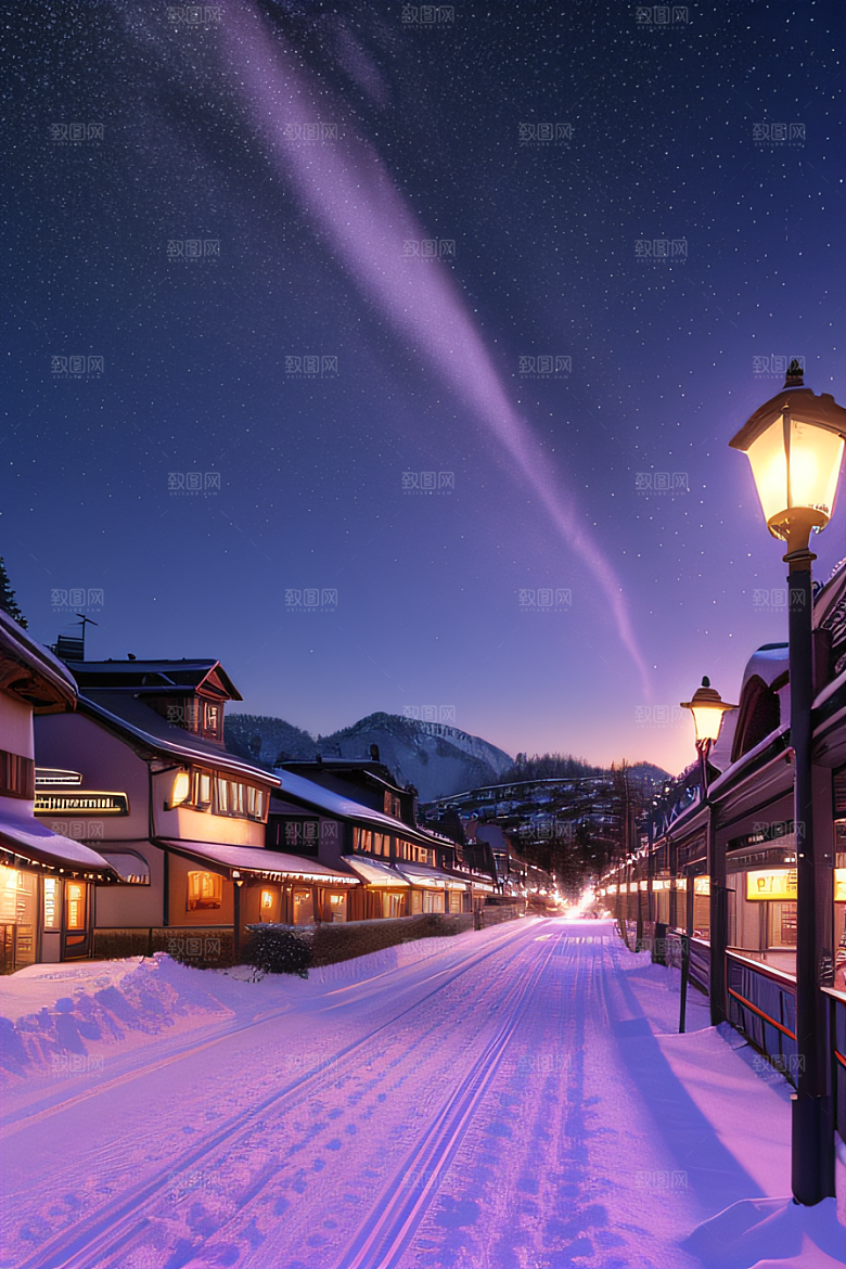 雪景细腻夜晚紫光照耀下的逼真效果