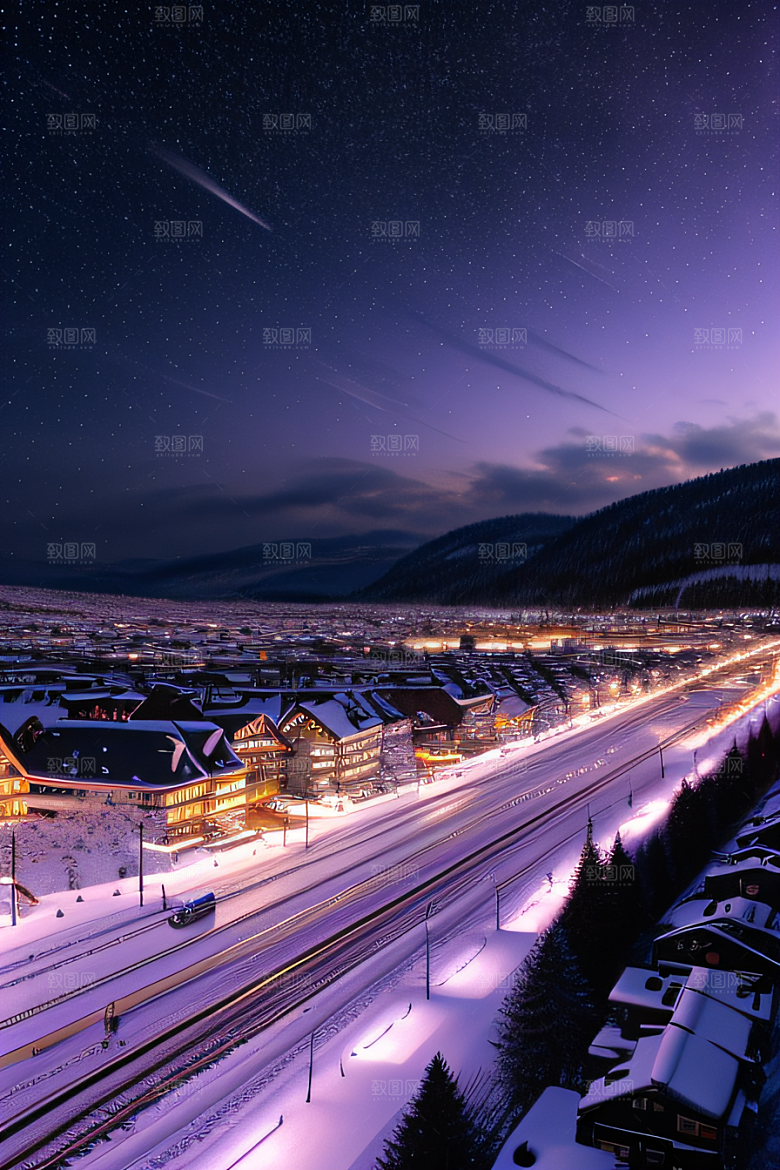 雪景细腻夜晚紫光照耀下的逼真效果