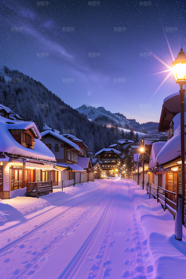 雪景细腻夜晚紫光照耀下的逼真效果