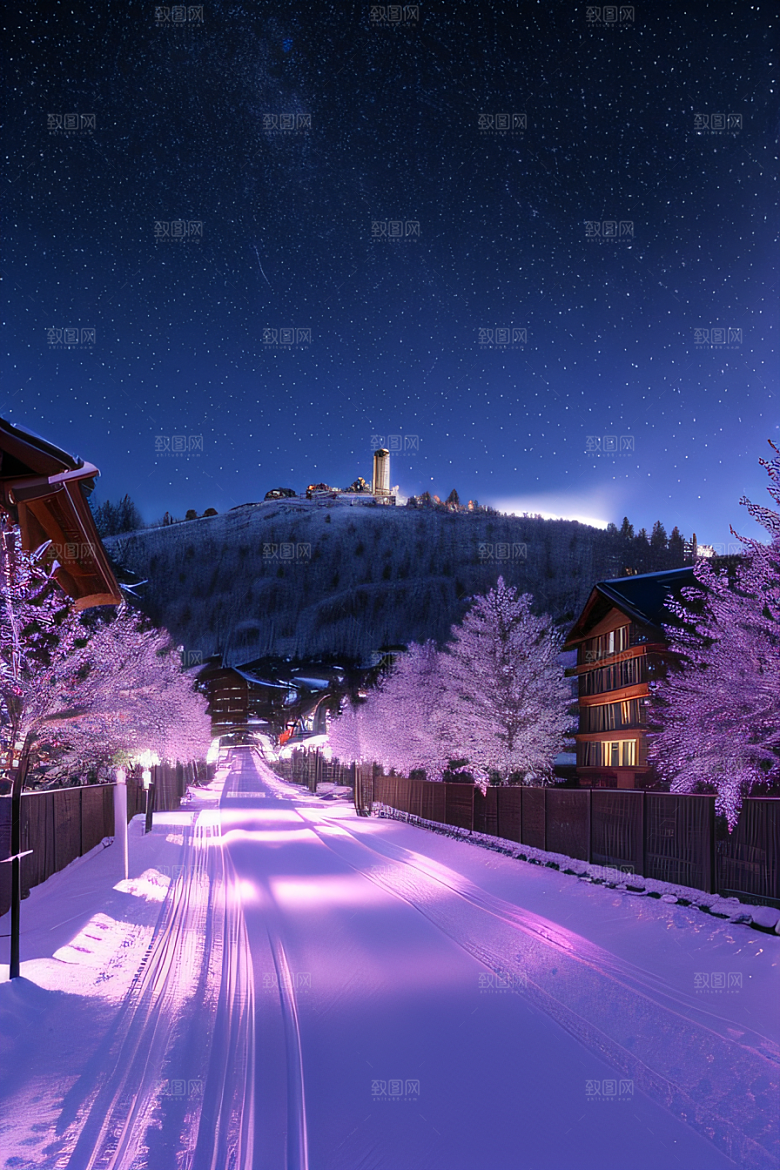 雪景细腻夜晚紫光照耀下的逼真效果