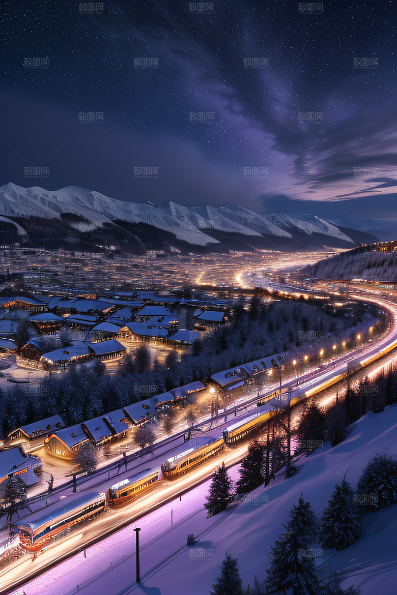 雪夜奇观紫色光辉下的细雪飘飞
