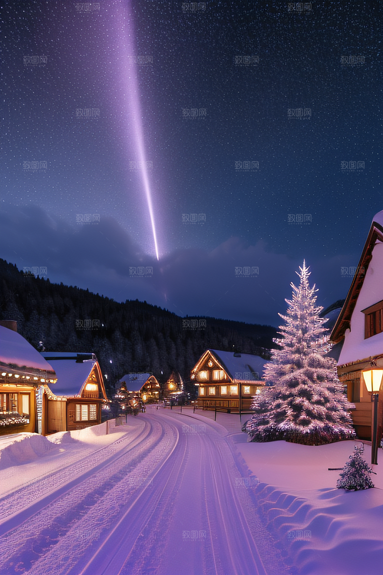 雪夜奇观紫色光辉下的细雪飘飞