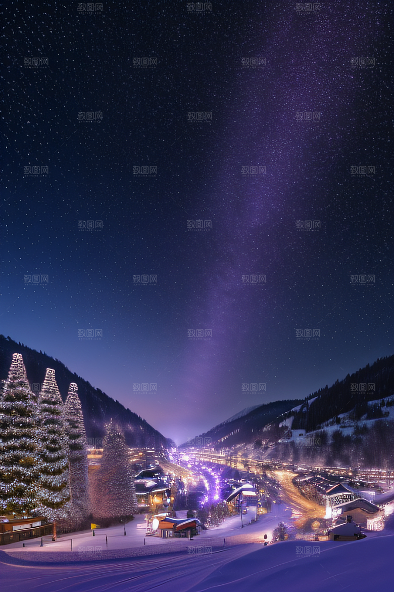 雪夜奇观紫色光辉下的细雪飘飞