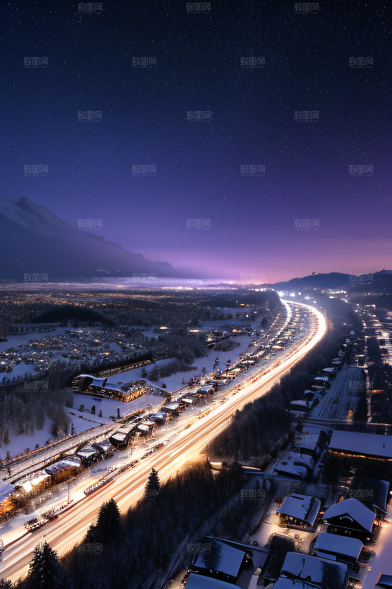 雪夜奇观紫色光辉下的细雪飘飞