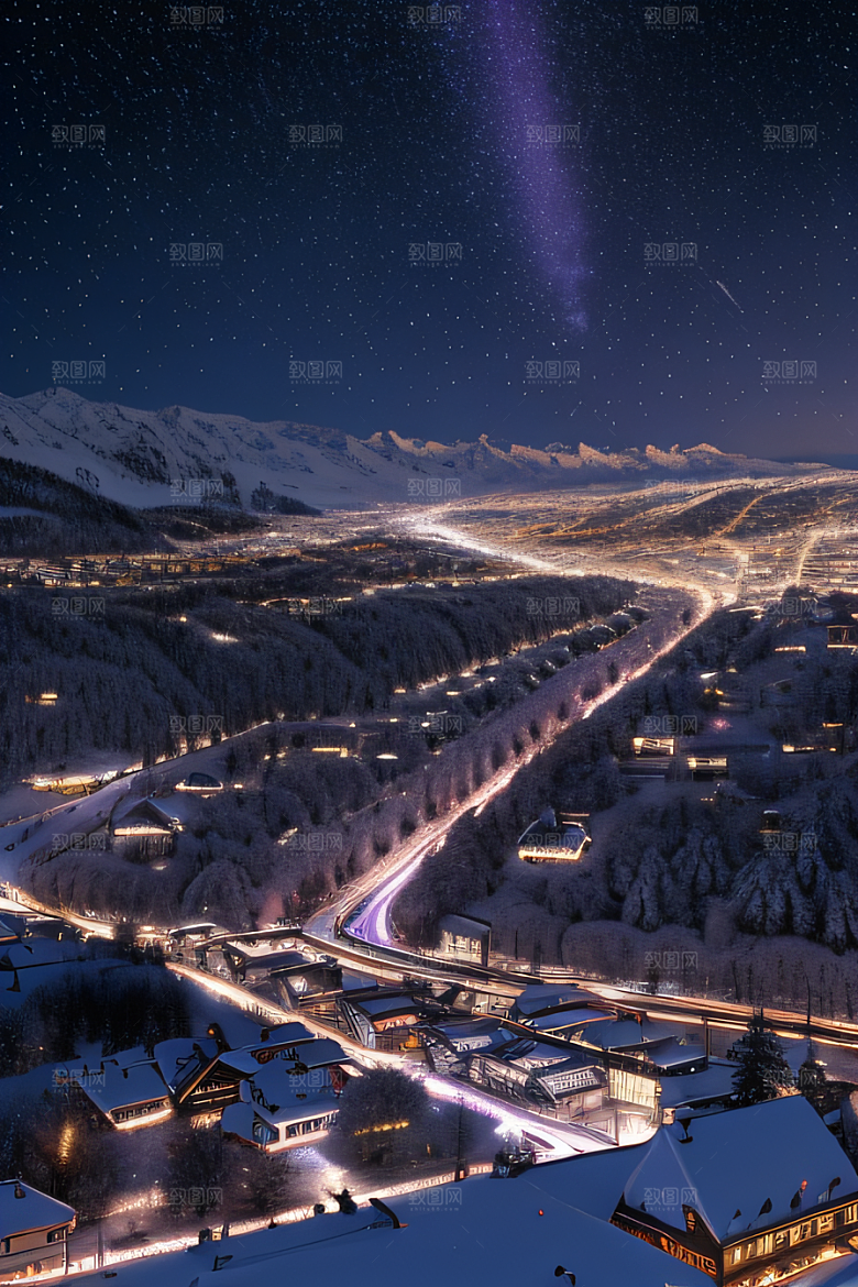雪夜奇观紫色光辉下的细雪飘飞