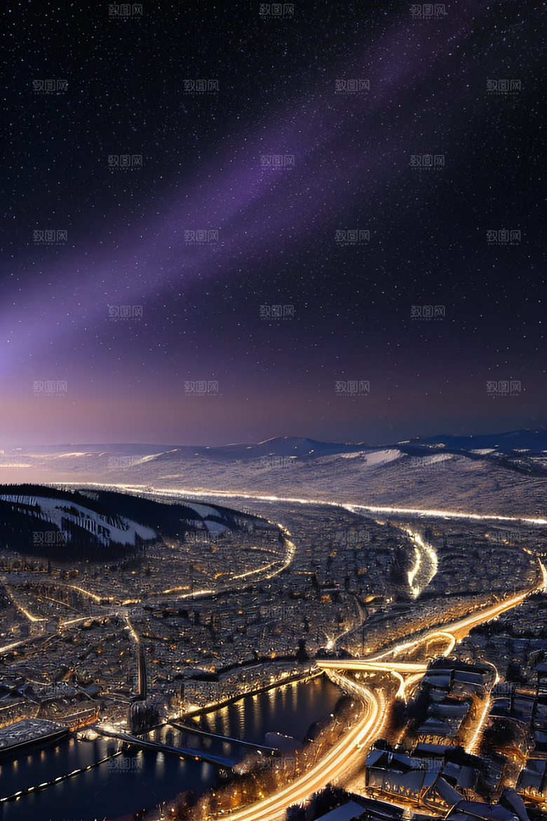 瑞士小镇夜晚的紫色光辉与闪烁星空