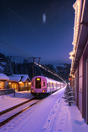 瑞士小镇夜晚的紫色光辉与闪烁星空