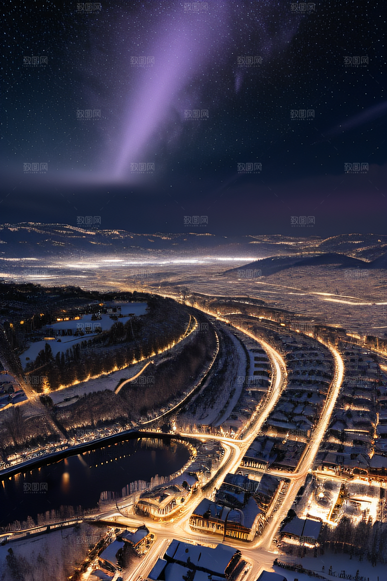 雪夜奇境精细雪景下的璀璨紫光