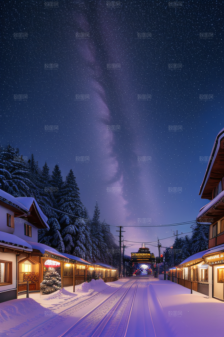 雪夜奇境精细雪景下的璀璨紫光