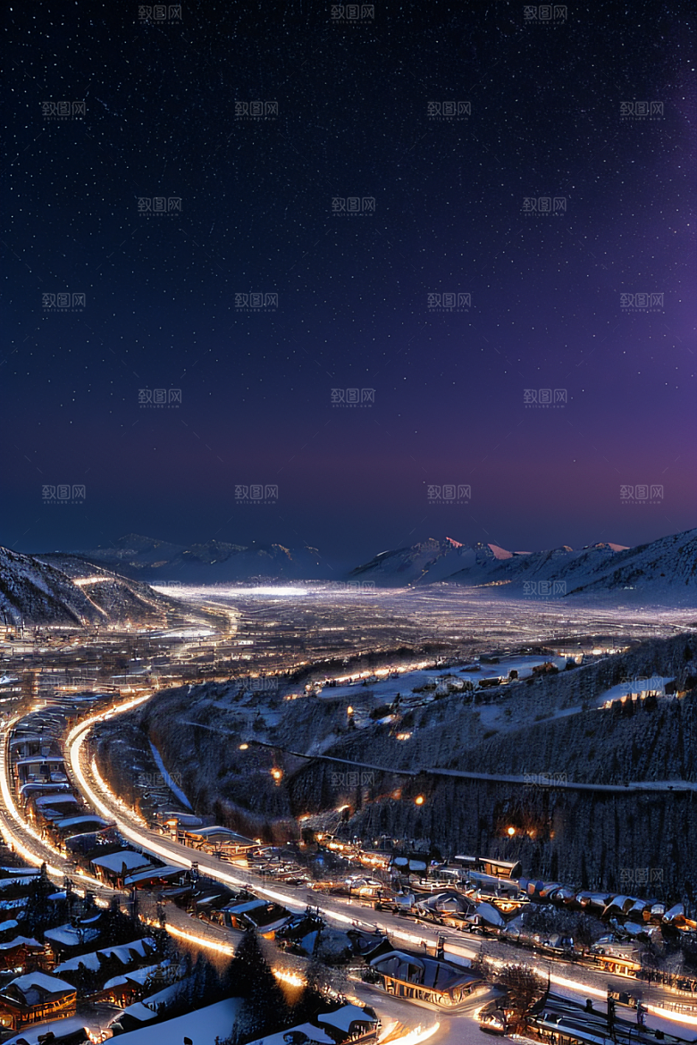 雪夜奇境精细雪景下的璀璨紫光
