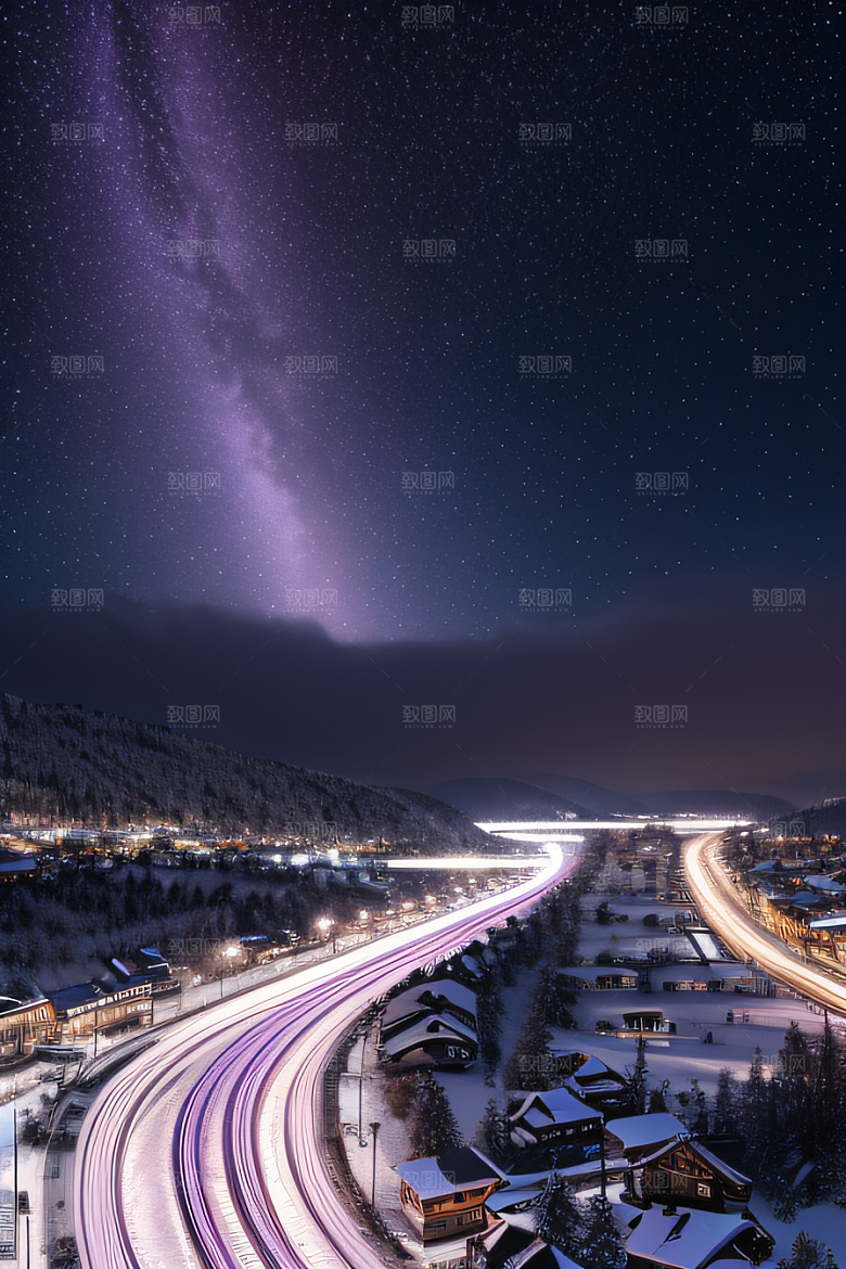 超现实CG紫光穿梭列车下的闪耀雪景