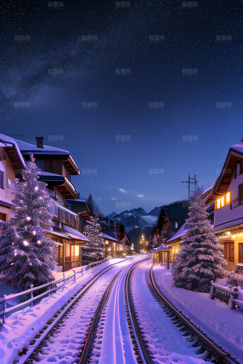 超现实CG紫光穿梭列车下的闪耀雪景