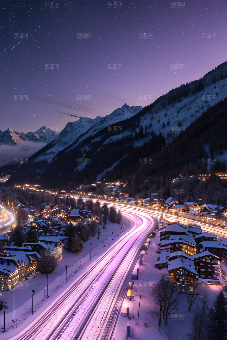 超现实CG紫光穿梭列车下的闪耀雪景