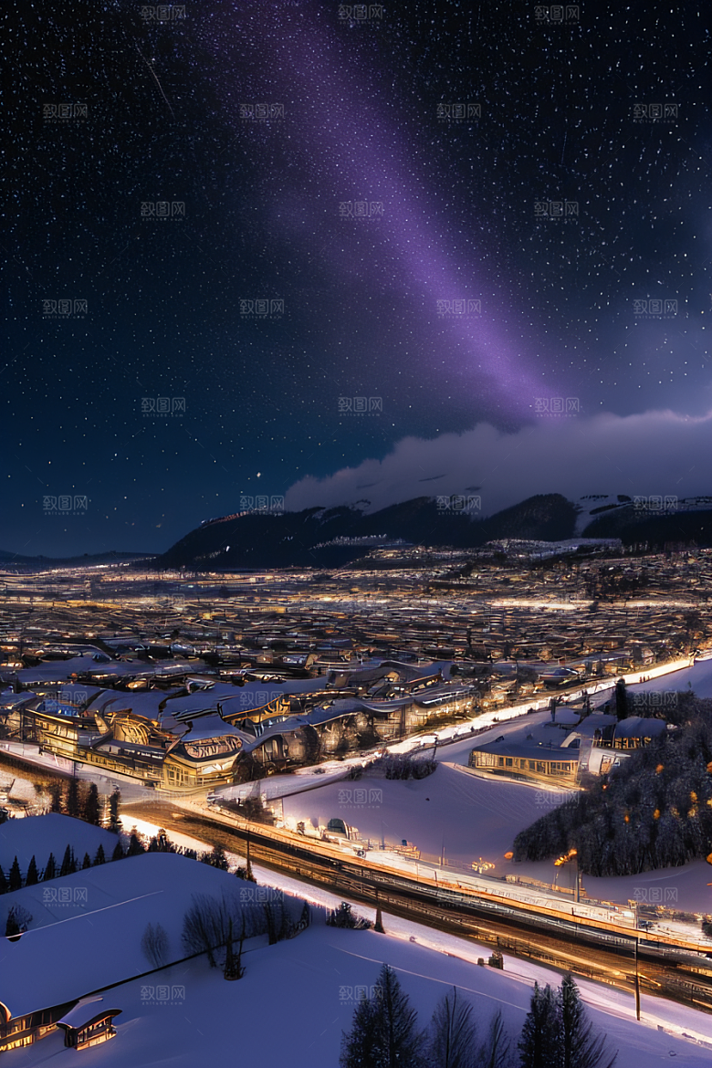 雪夜细腻紫光照耀下的夜雪美景