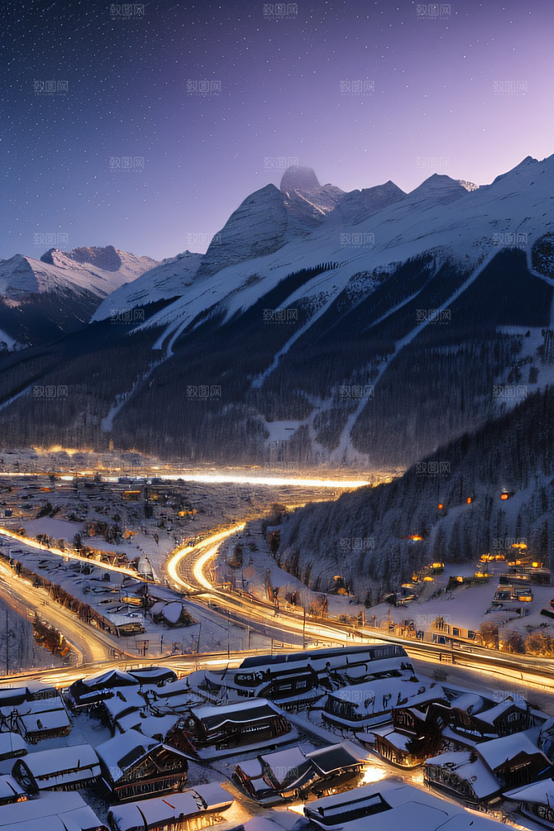 雪夜细腻紫光照耀下的夜雪美景
