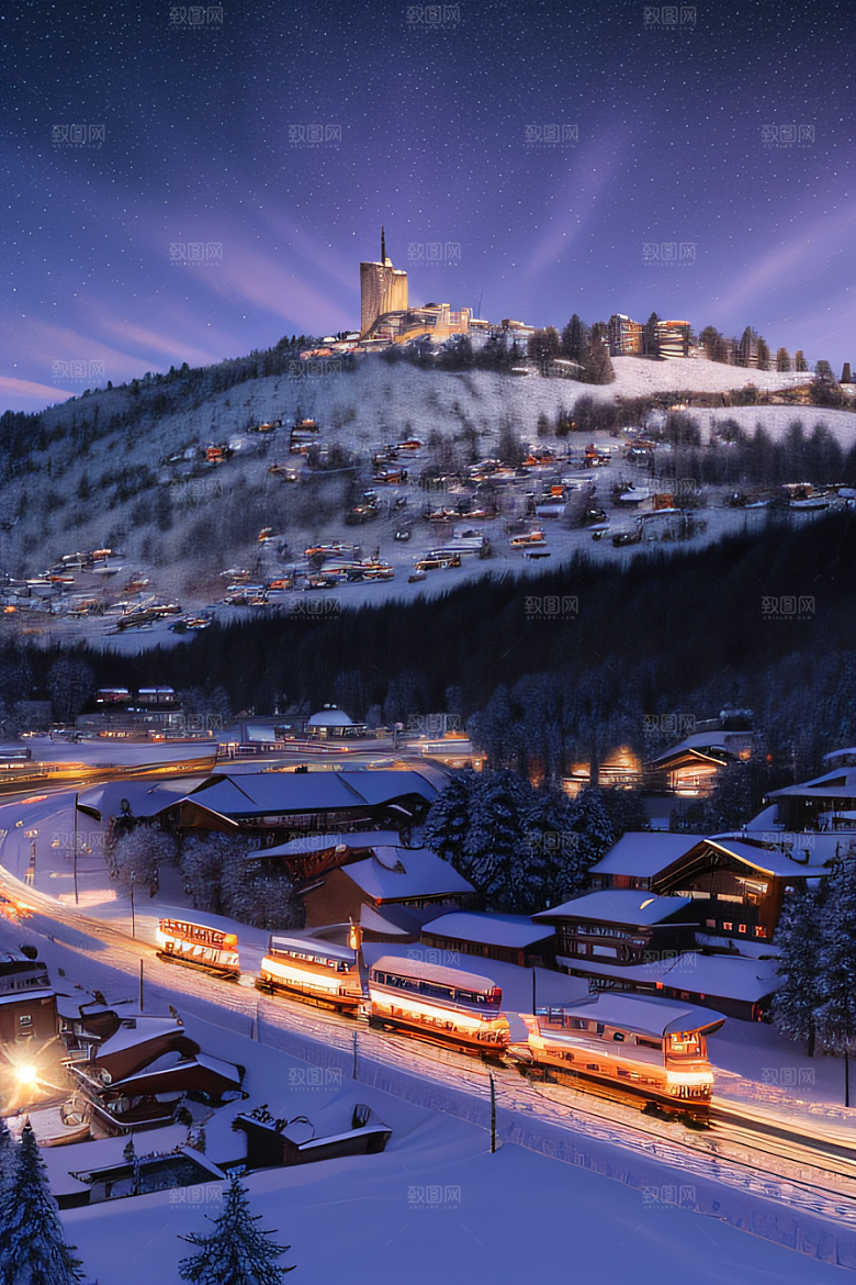 雪夜细腻紫光照耀下的夜雪美景