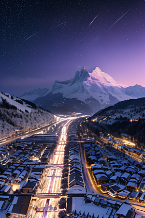 雪夜细腻紫光照耀下的夜雪美景