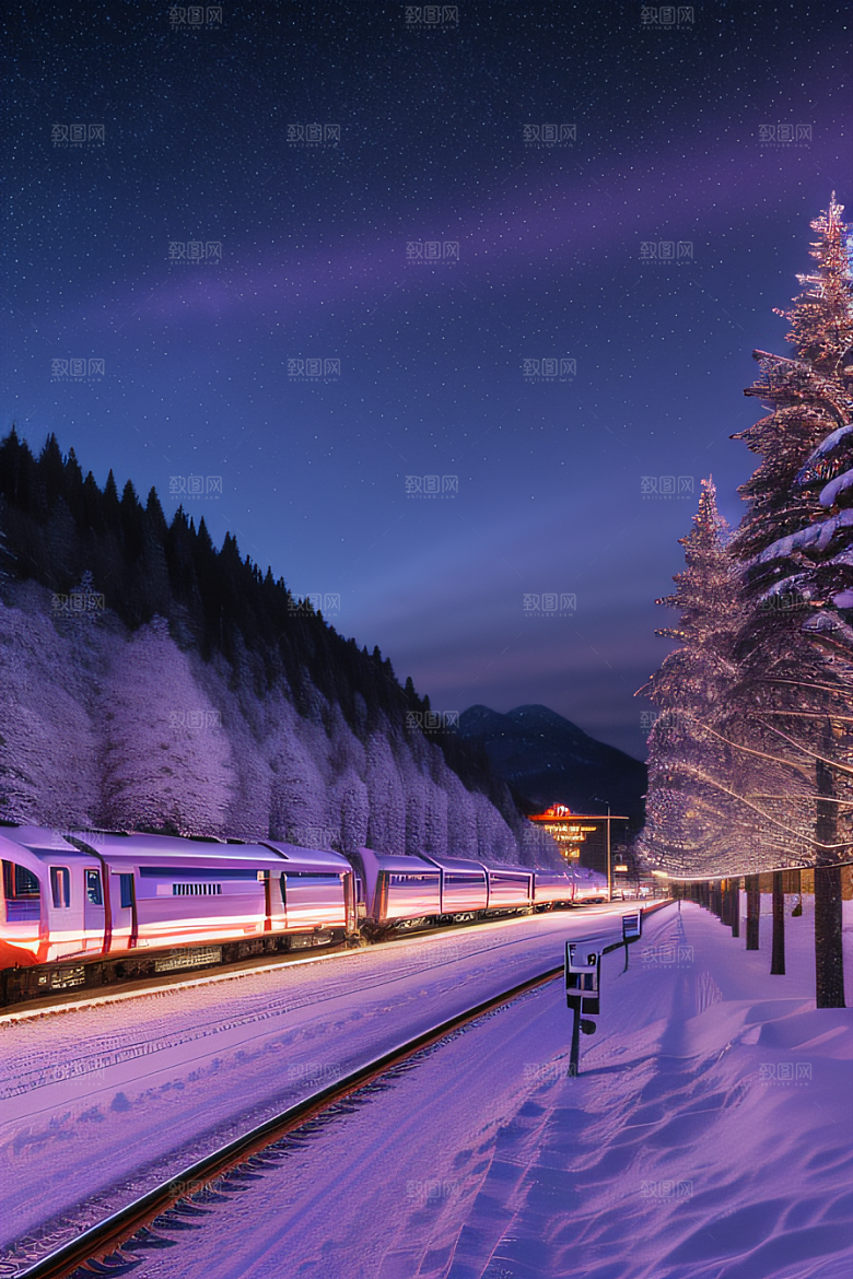 雪夜细腻紫光照耀下的夜雪美景