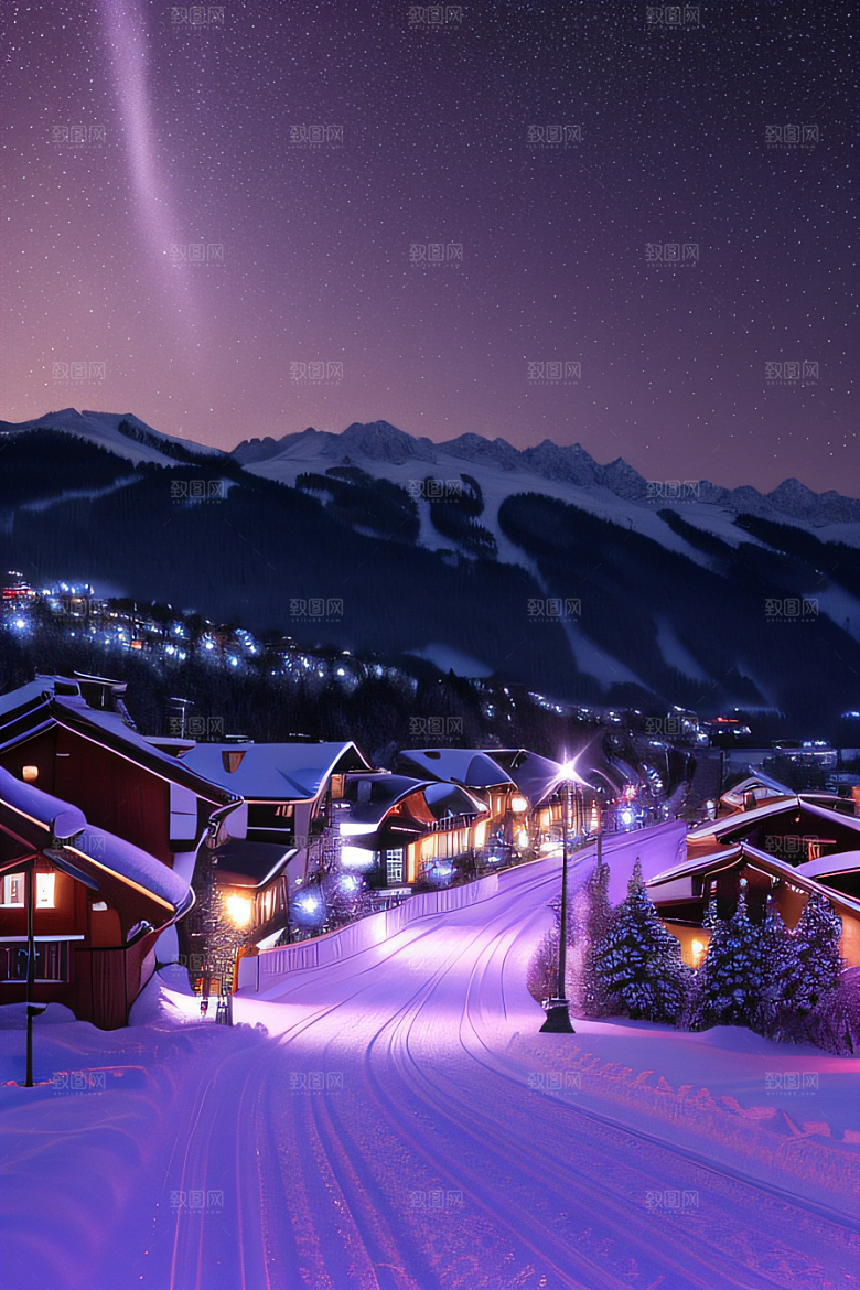 雪夜细腻紫光照耀下的夜雪美景