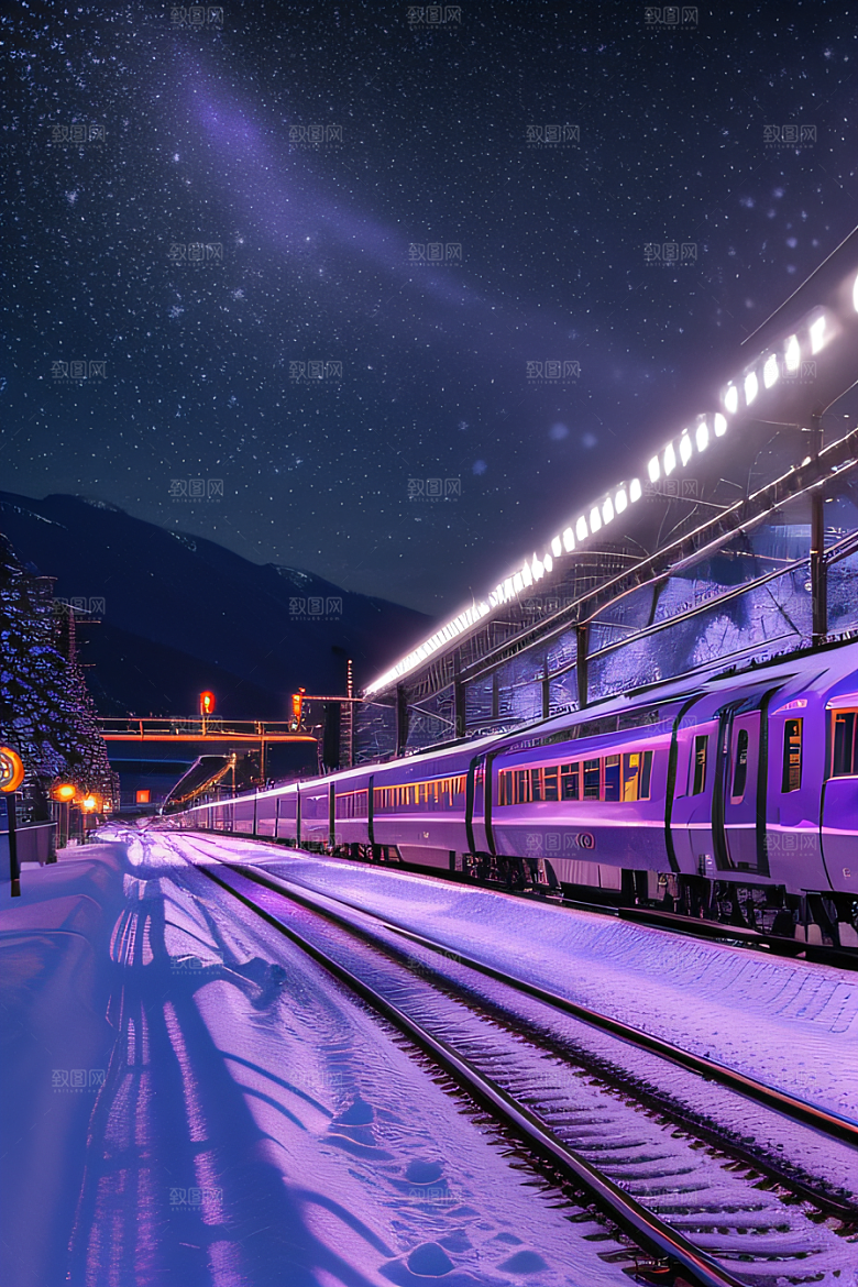 雪夜细腻紫光照耀下的夜雪美景