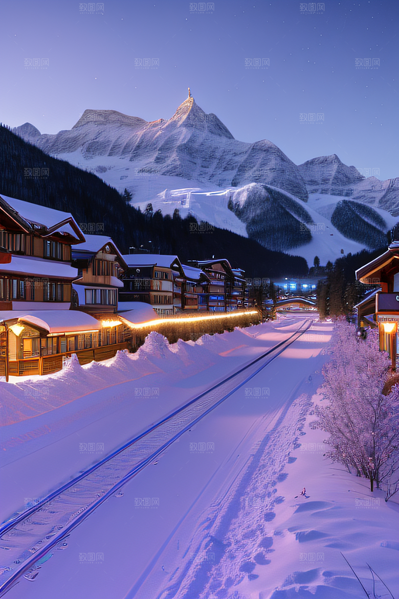 雪夜细腻紫光照耀下的夜雪美景