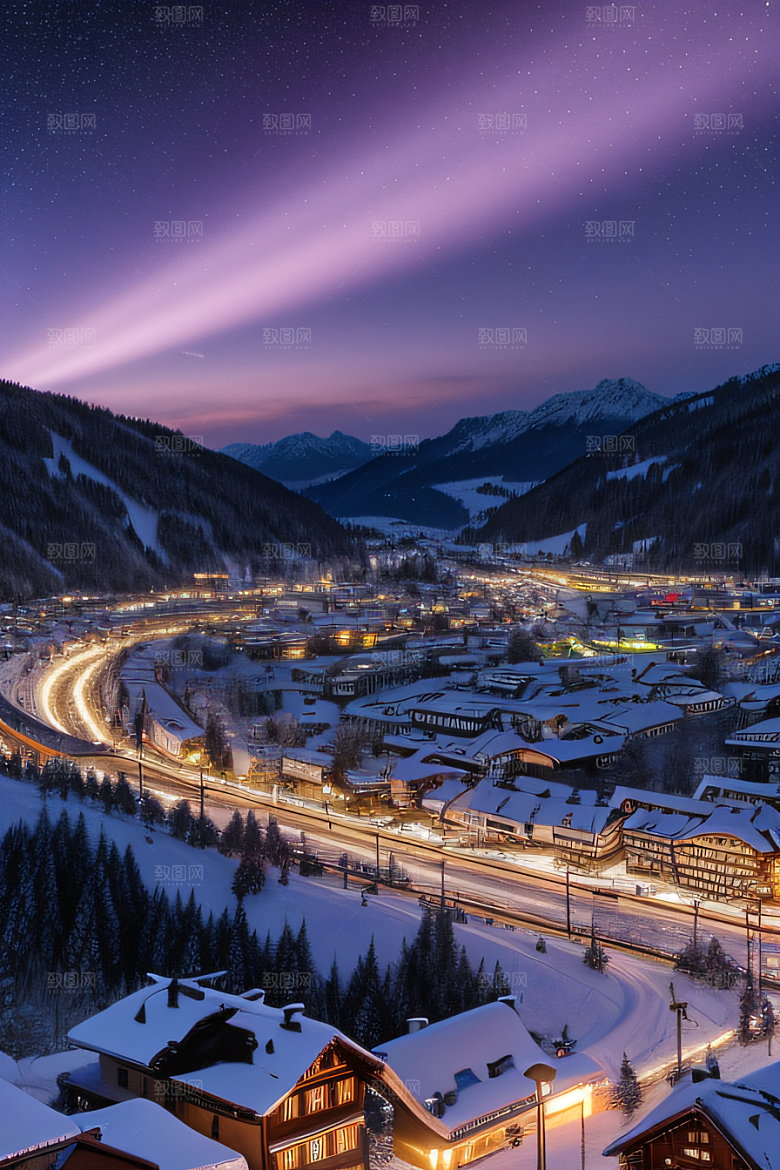 雪夜细腻紫光照耀下的夜雪美景