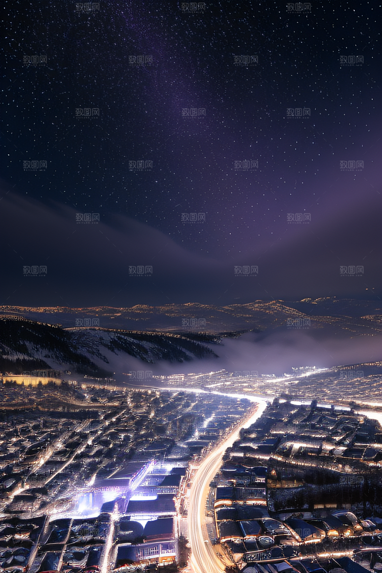 雪夜细腻紫光照耀下的夜雪美景