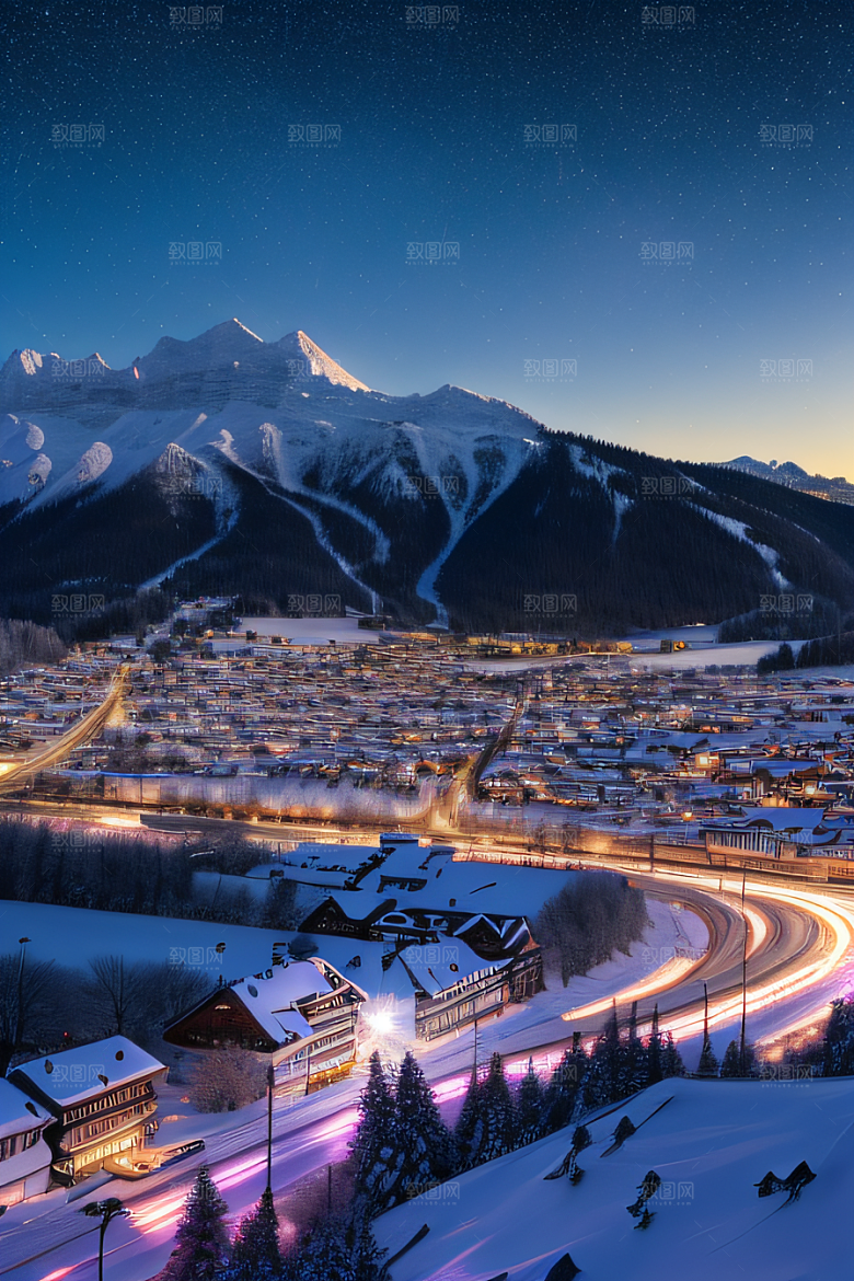 雪夜细腻紫光照耀下的夜雪美景